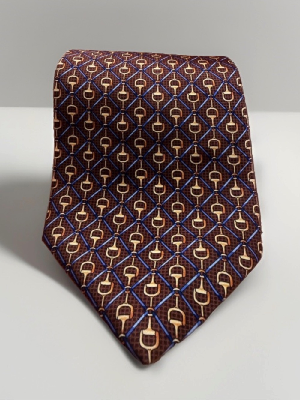 Burberry London Silk Tie Geometric Brown HorseBit  59”X3.75 Made In Italy